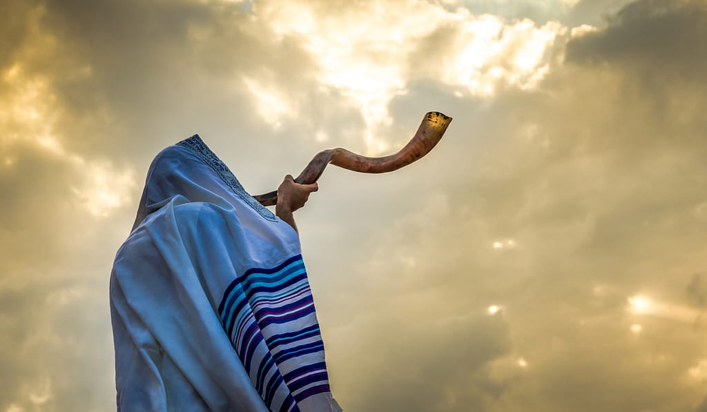 Biblical man blowing the shofar